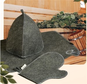 Набор банный серый 3 предмета без вышивки (шапка, варежка, коврик) в плёнке 6881840